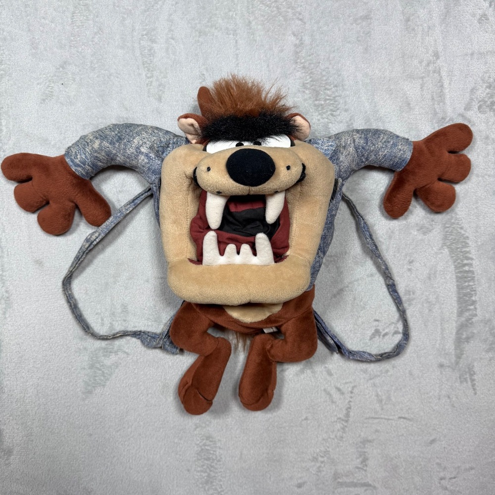 Vintage 90s Brown Blue Polyester Looney Tunes Taz Plush Backpack OS